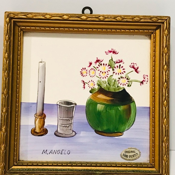 Vintage Hand Painted Ceramic Pair of Decorative Tiles by M. Angelo 5”-5” - Picture 4 of 10